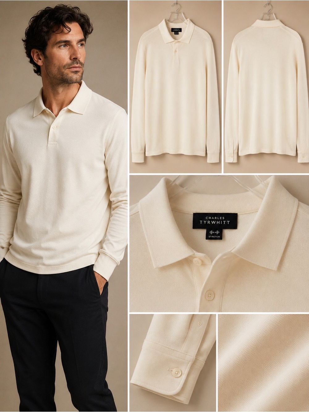 CHARLES TYRWHITT-  Ivory Long-Sleeve Polo